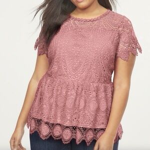 LANE BRYANT - Illusion Crocheted Lace Mauve Scalloped Peplum Blouse - 22 / 3X